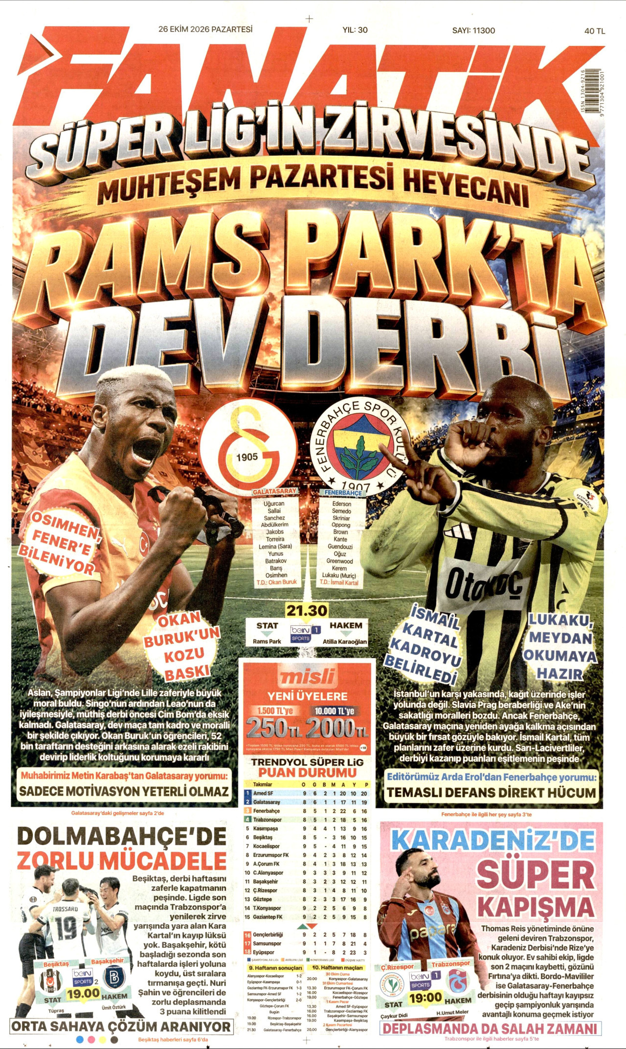 Fanatik Gazetesi gazetesi manşeti