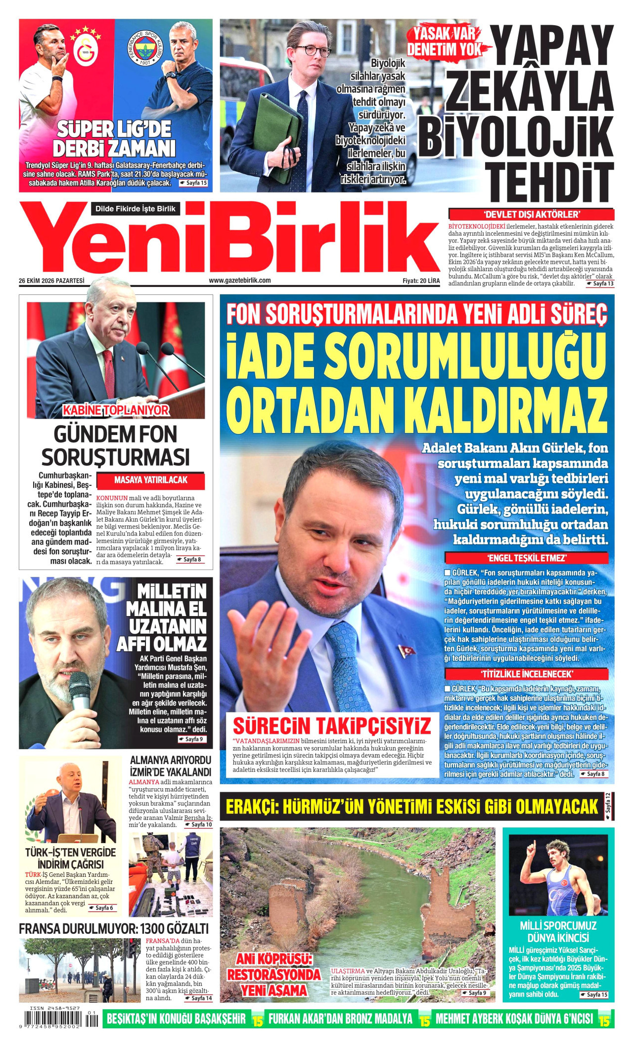 YeniBirlik Gazetesi gazetesi manşeti